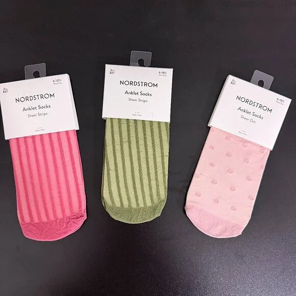 Nordstrom Dressy Sheer Ankle Socks 3-pack Striped Polka Dot Pink Green - Picture 2 of 7
